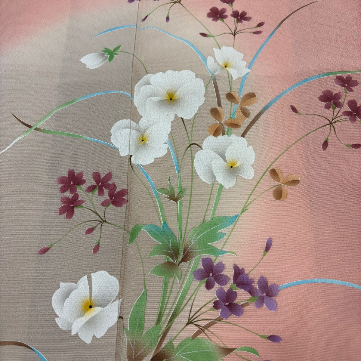 【美品】 付下 身長157.5cm 袖長63.5cm S 雙層 草花紋紋 漸層 染分 粉紅 純蠶絲 優品級