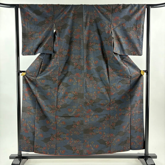 【美品】 大島紬織 身長158cm 袖長62.5cm S 雙層 純泥染 證書あり 花唐草紋 雲文 深藍 純蠶絲 秀品級