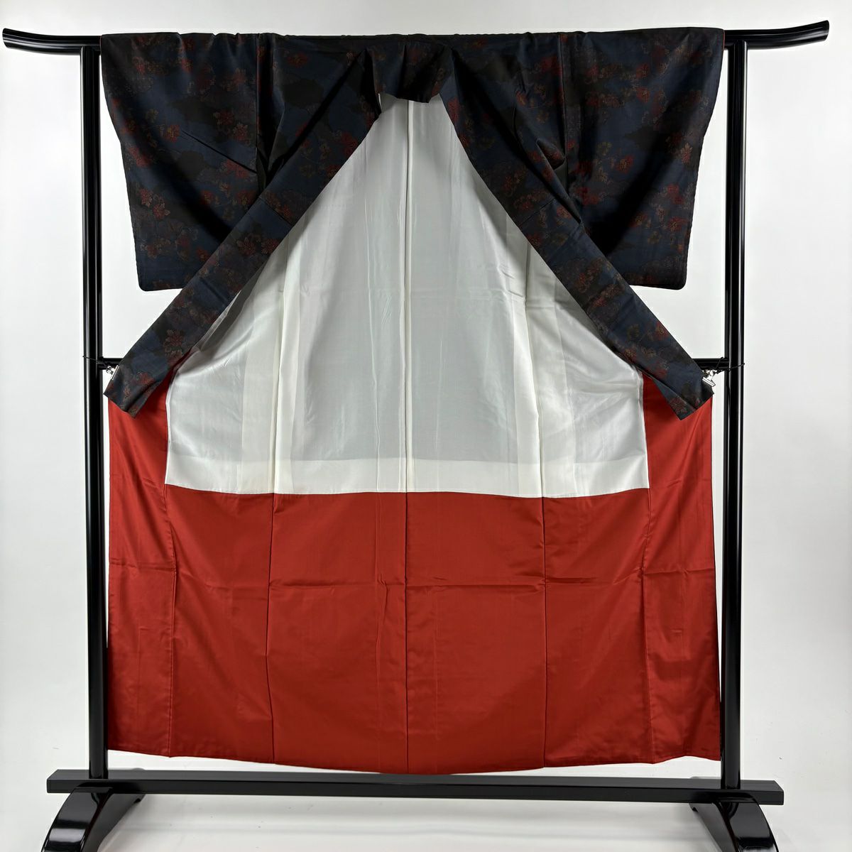 【美品】 大島紬織 身長158cm 袖長62.5cm S 雙層 純泥染 證書あり 花唐草紋 雲文 深藍 純蠶絲 秀品級