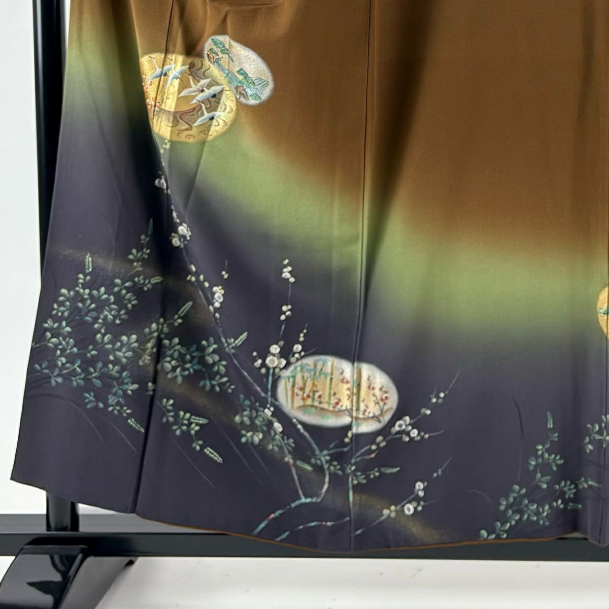 訪問服 身長156cm 袖長68cm L 雙層 大和 圓文 仙鶴 金銀彩 漸層 茶 純蠶絲 秀品級 一つ紋
