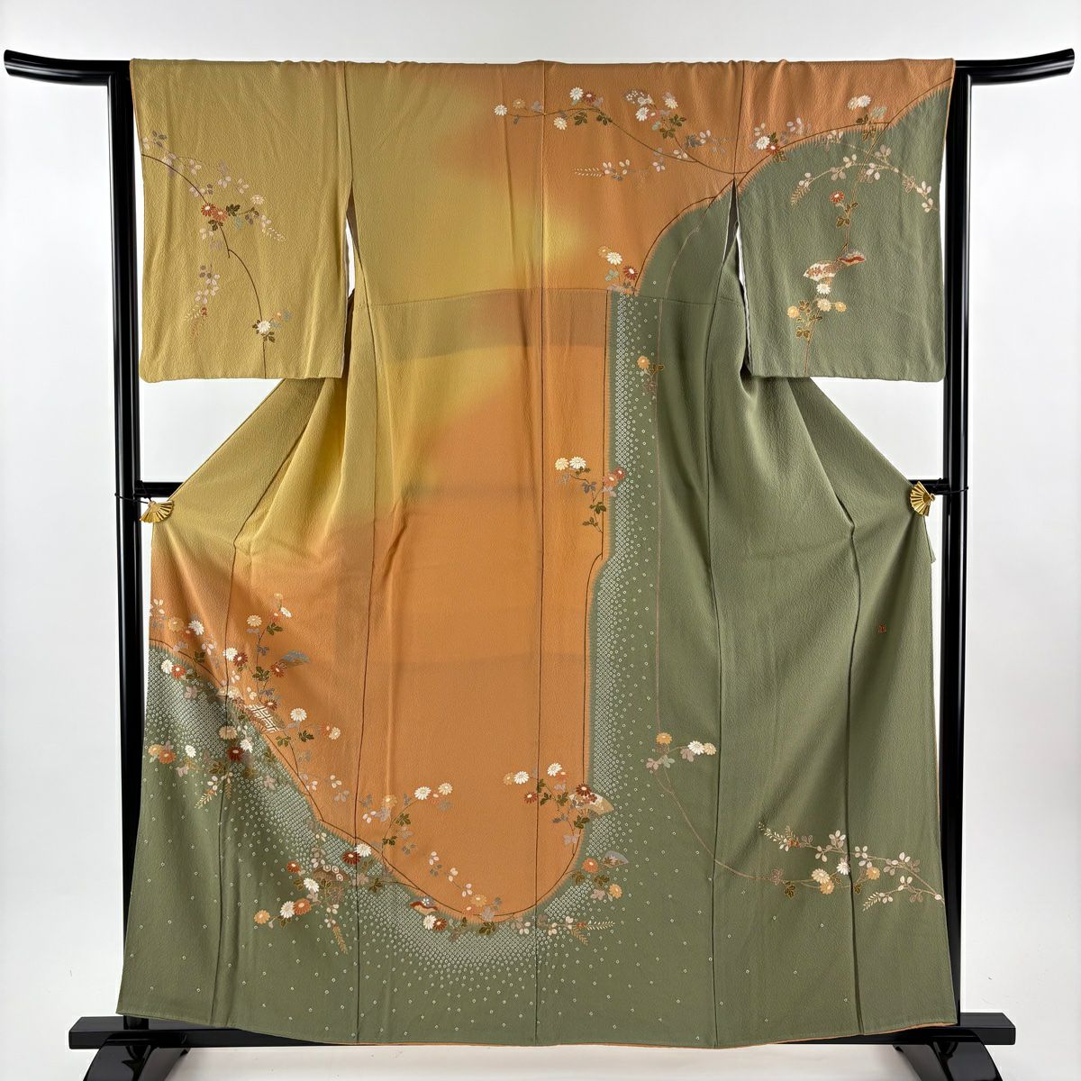 【美品】訪問服 身長158cm 袖長63.5cm S 雙層 落款あり 扇子 菊花 金彩裝飾 絞染 山吹茶 純蠶絲 秀品級