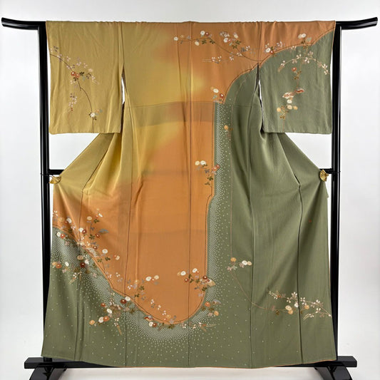 【美品】訪問服 身長158cm 袖長63.5cm S 雙層 落款あり 扇子 菊花 金彩裝飾 絞染 山吹茶 純蠶絲 秀品級