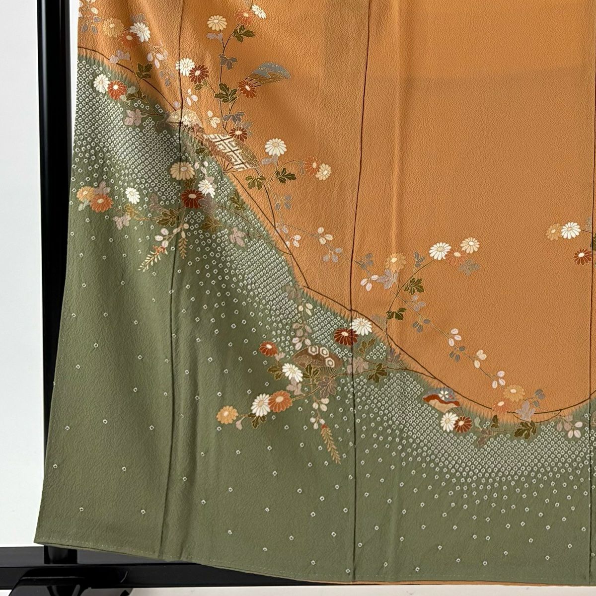 【美品】訪問服 身長158cm 袖長63.5cm S 雙層 落款あり 扇子 菊花 金彩裝飾 絞染 山吹茶 純蠶絲 秀品級