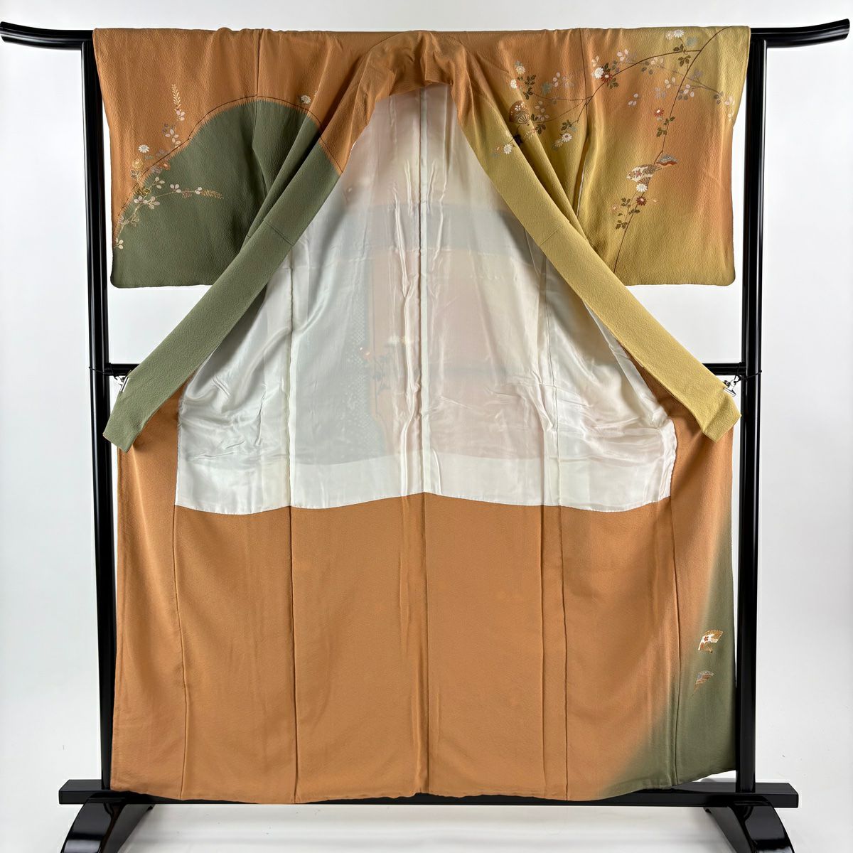 【美品】訪問服 身長158cm 袖長63.5cm S 雙層 落款あり 扇子 菊花 金彩裝飾 絞染 山吹茶 純蠶絲 秀品級