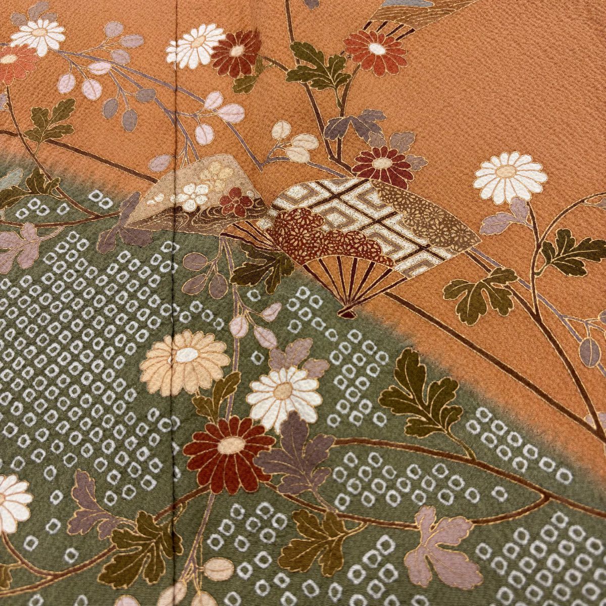 【美品】訪問服 身長158cm 袖長63.5cm S 雙層 落款あり 扇子 菊花 金彩裝飾 絞染 山吹茶 純蠶絲 秀品級