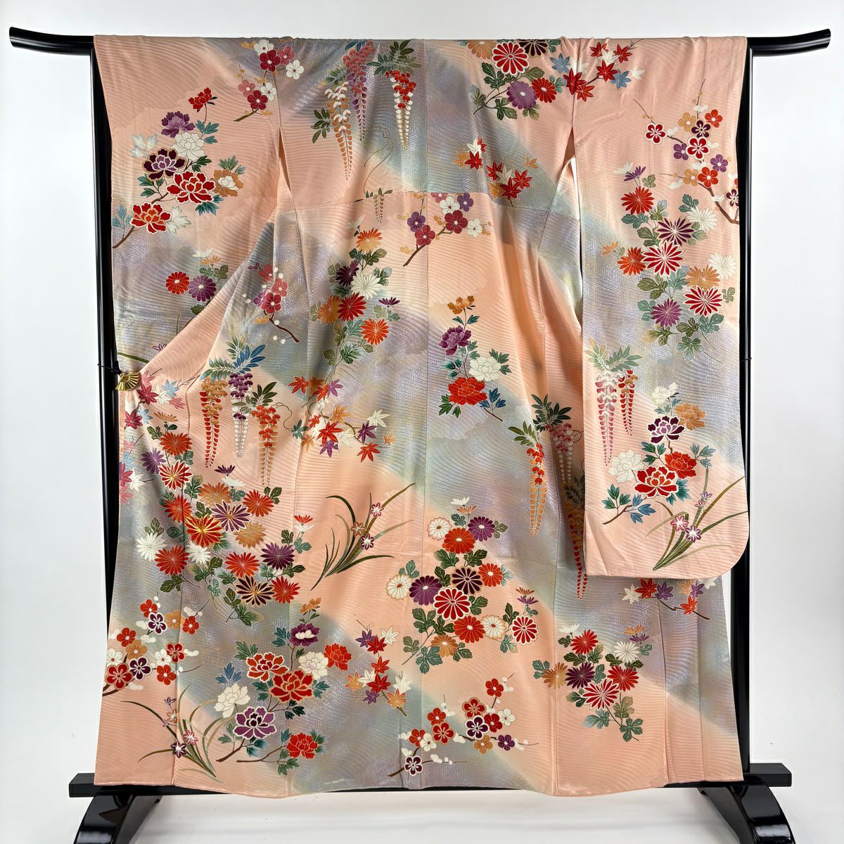 振袖禮服 身長162cm 袖長66cm M 雙層 菊花 藤 金絲 金銀彩 鮭粉色 純蠶絲 秀品級
