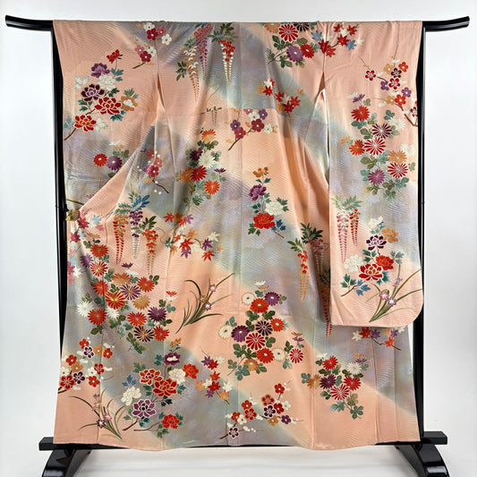 振袖禮服 身長162cm 袖長66cm M 雙層 菊花 藤 金絲 金銀彩 鮭粉色 純蠶絲 秀品級
