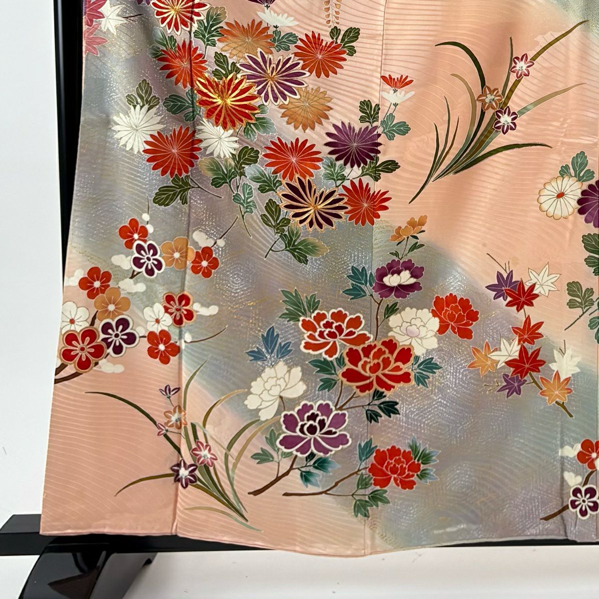 振袖禮服 身長162cm 袖長66cm M 雙層 菊花 藤 金絲 金銀彩 鮭粉色 純蠶絲 秀品級