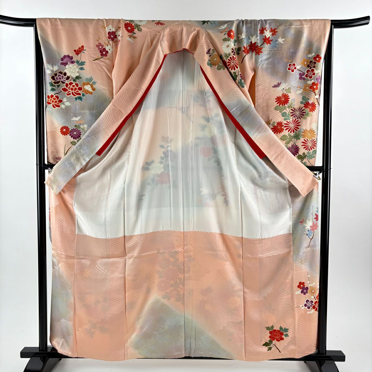 振袖禮服 身長162cm 袖長66cm M 雙層 菊花 藤 金絲 金銀彩 鮭粉色 純蠶絲 秀品級