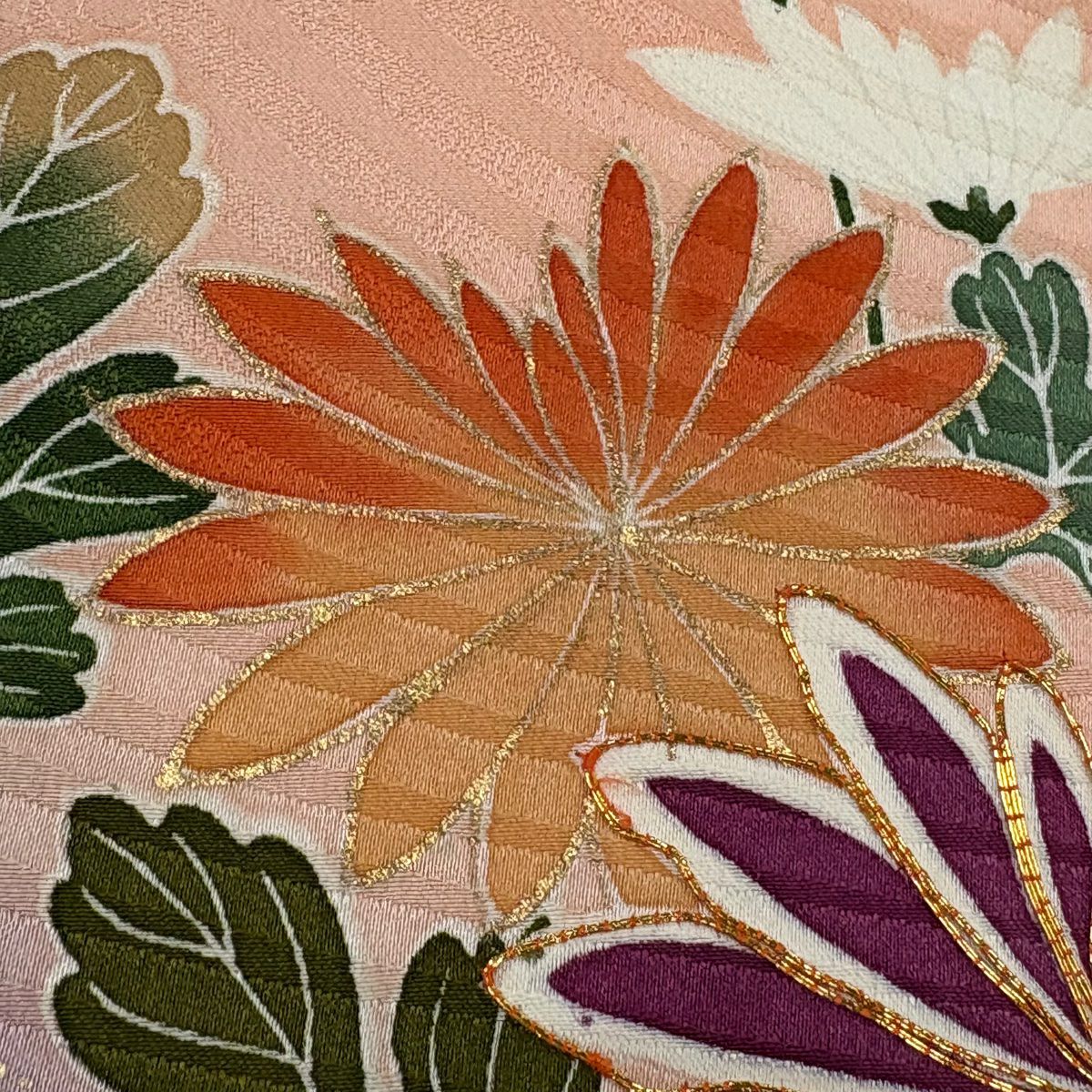 振袖禮服 身長162cm 袖長66cm M 雙層 菊花 藤 金絲 金銀彩 鮭粉色 純蠶絲 秀品級