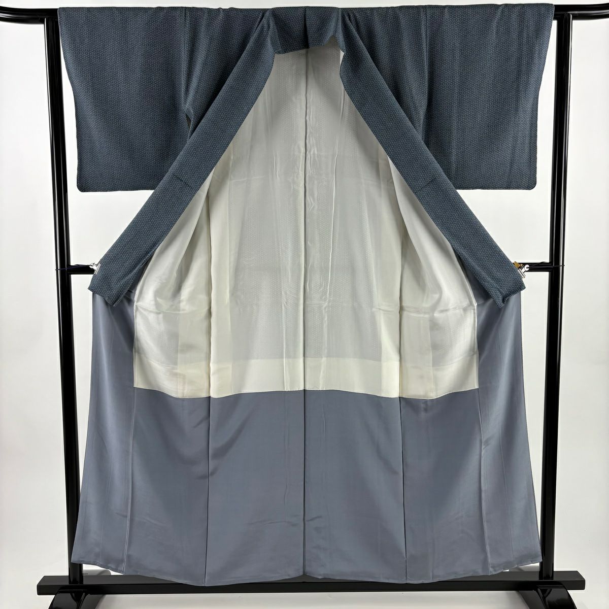 【美品】 小紋 身長156.5cm 袖長62cm S 雙層 龜甲 幾何學圖案 深藍 純蠶絲 秀品級