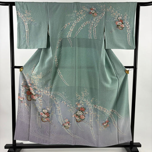 訪問服 身長156.5cm 袖長61.5cm S 雙層 花車 流水 金彩裝飾 絞染 淺綠 純蠶絲 優品級