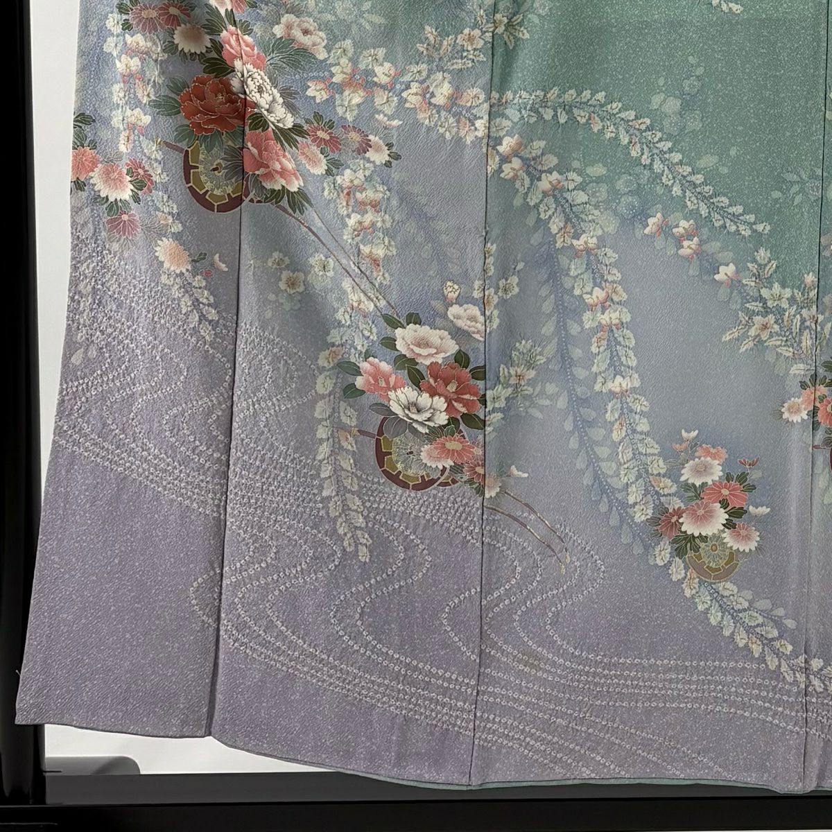 訪問服 身長156.5cm 袖長61.5cm S 雙層 花車 流水 金彩裝飾 絞染 淺綠 純蠶絲 優品級
