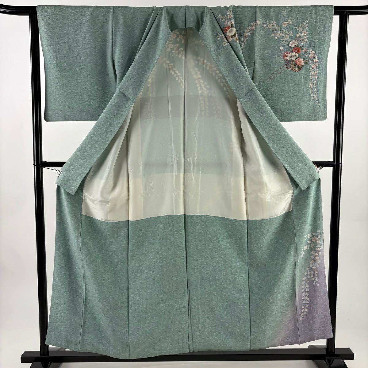 訪問服 身長156.5cm 袖長61.5cm S 雙層 花車 流水 金彩裝飾 絞染 淺綠 純蠶絲 優品級