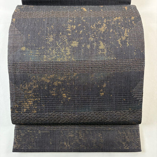 袋帶 名品級 斜條幾何學 金銀彩 墨色 大鼓圖案 純蠶絲