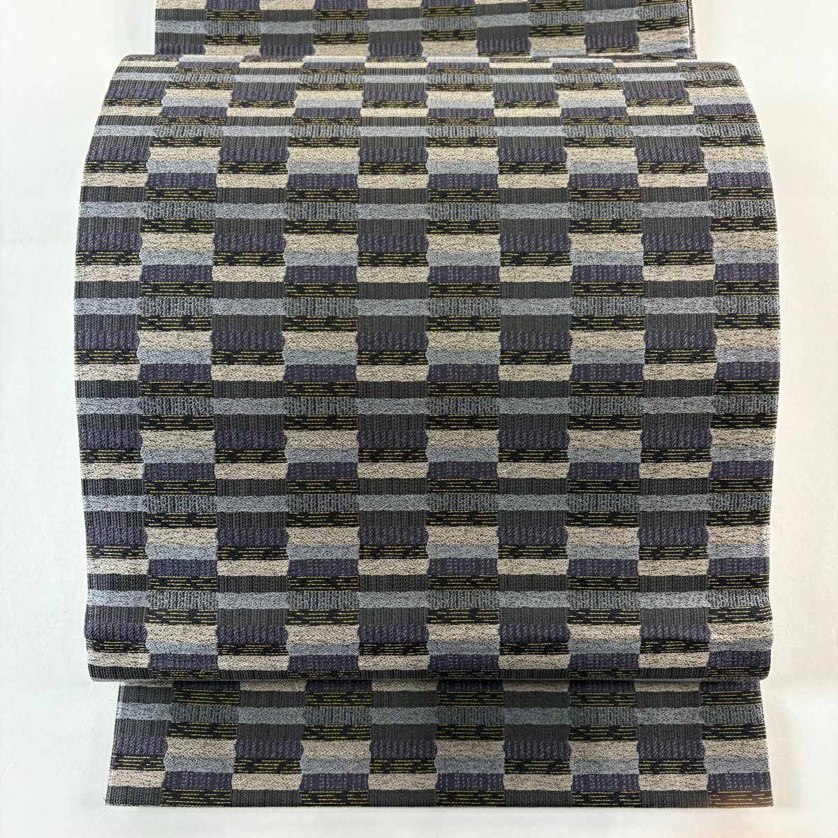 【美品】 袋帶 名品級 格子 紫 全通 純蠶絲