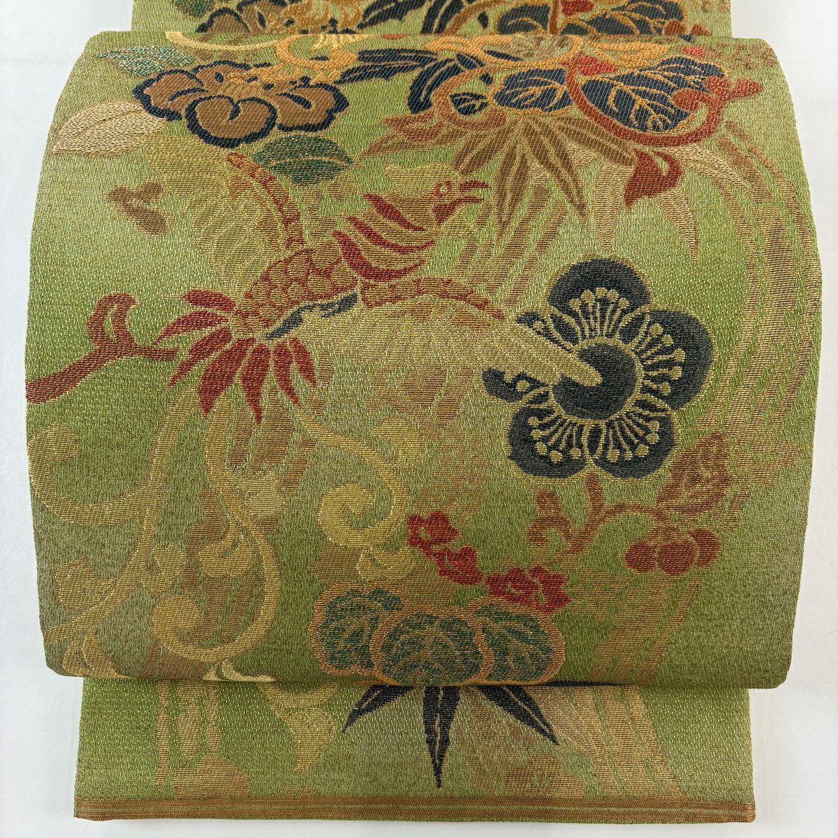 【美品】 袋帶 名品級 關西仕立 尾長鳥 草花紋 金糸 金金箔 黃綠 六通 純蠶絲