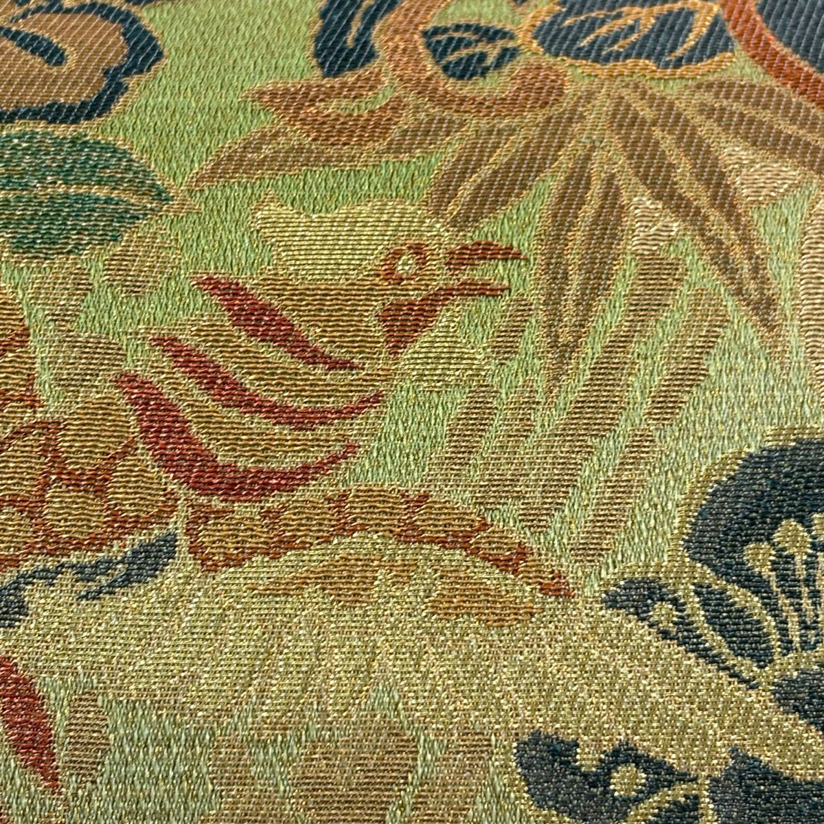 【美品】 袋帶 名品級 關西仕立 尾長鳥 草花紋 金糸 金金箔 黃綠 六通 純蠶絲