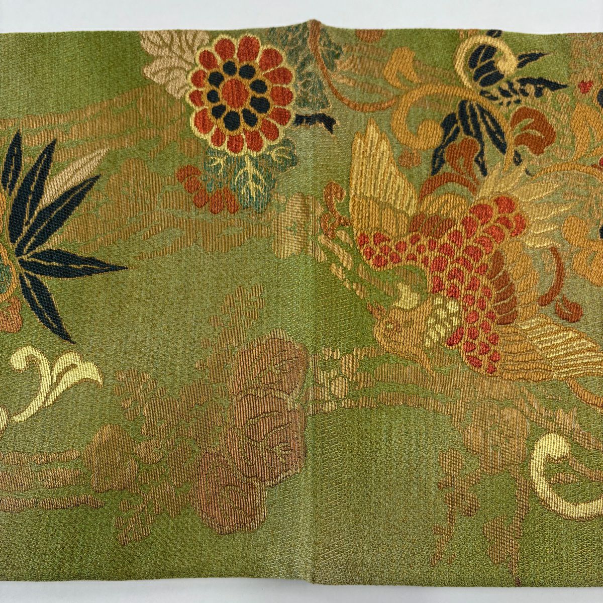 【美品】 袋帶 名品級 關西仕立 尾長鳥 草花紋 金糸 金金箔 黃綠 六通 純蠶絲