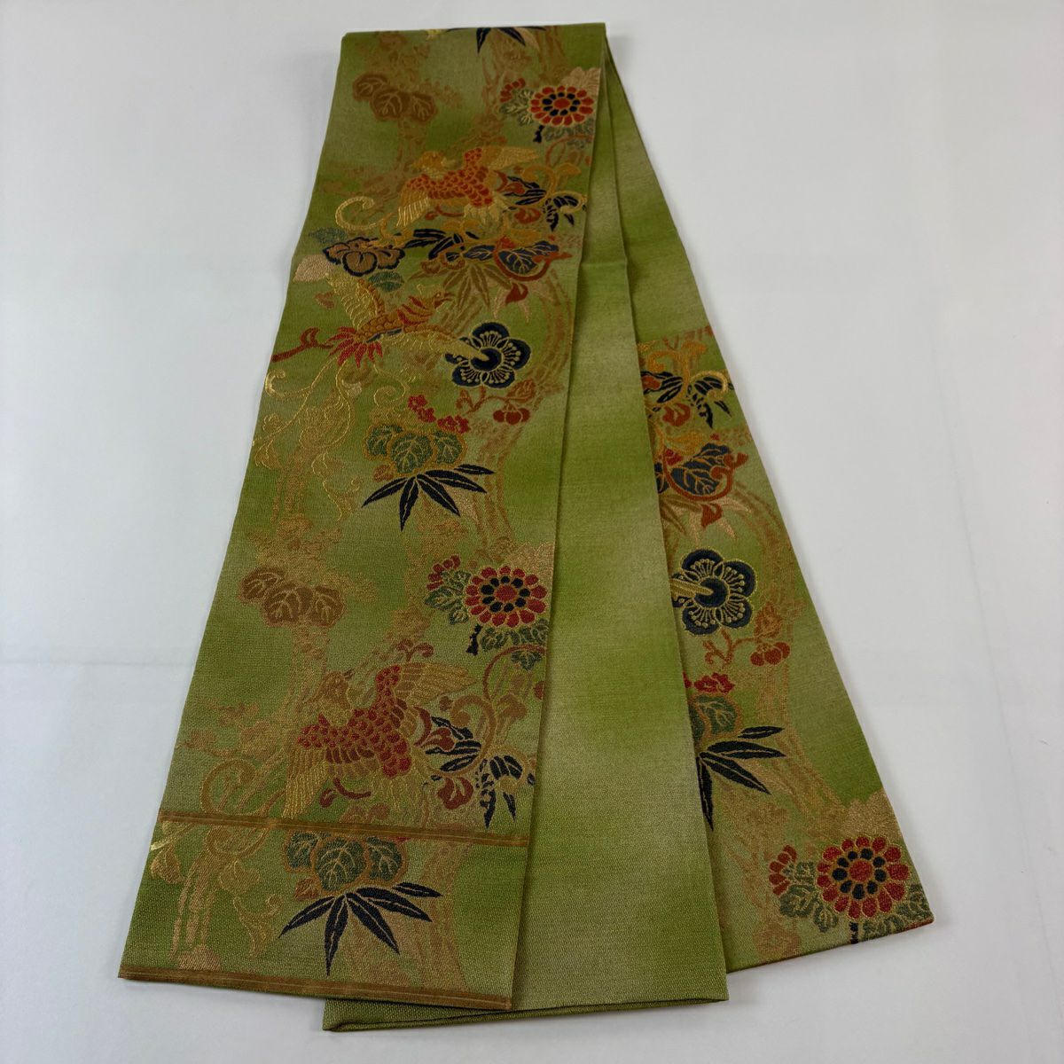 【美品】 袋帶 名品級 關西仕立 尾長鳥 草花紋 金糸 金金箔 黃綠 六通 純蠶絲