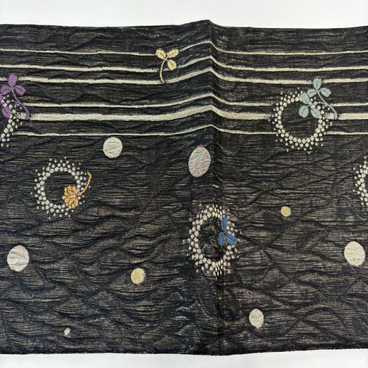 【美品】 袋帶 名品級 草花紋紋 縞 金絲 黑 六通 純蠶絲