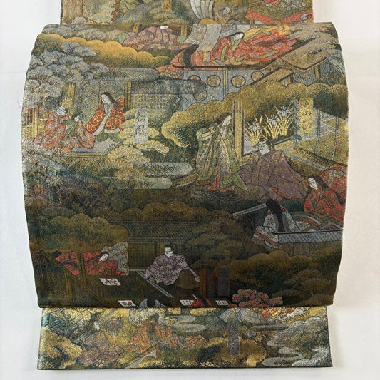 【美品】 袋帶 名品級 人物 風景 金銀彩 金茶 大鼓圖案 純蠶絲