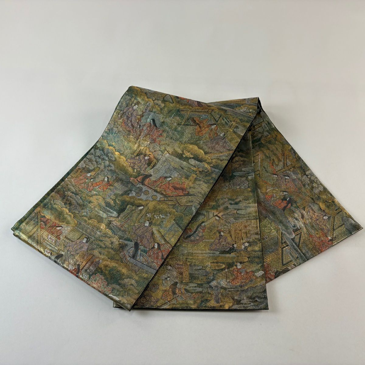【美品】 袋帶 名品級 人物 風景 金銀彩 金茶 大鼓圖案 純蠶絲
