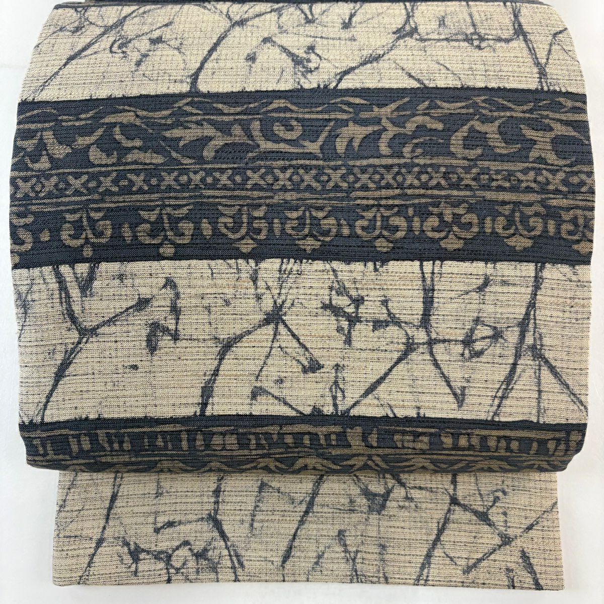 【美品】 袋帶 名品級 草花紋紋 縞紋 米色 全通 純蠶絲