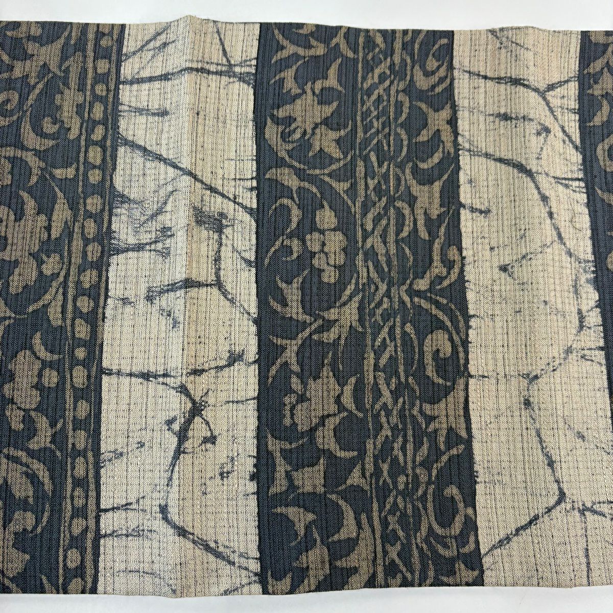 【美品】 袋帶 名品級 草花紋紋 縞紋 米色 全通 純蠶絲