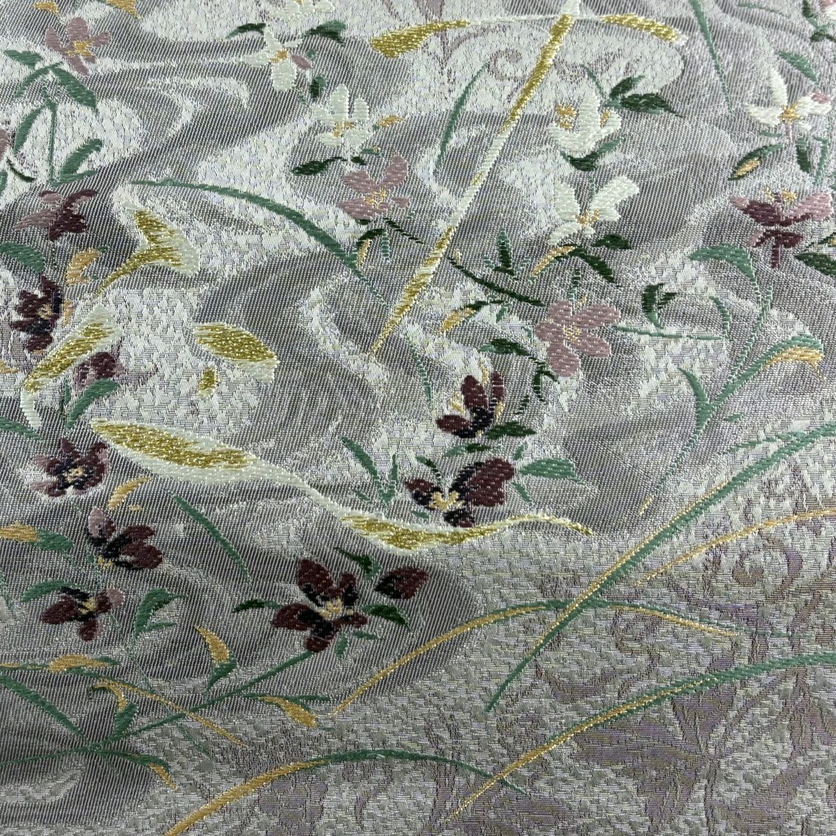 【美品】 袋帶 名品級 葡萄唐草紋 草花紋 金糸 刺繡 灰紫 お太鼓柄 純蠶絲