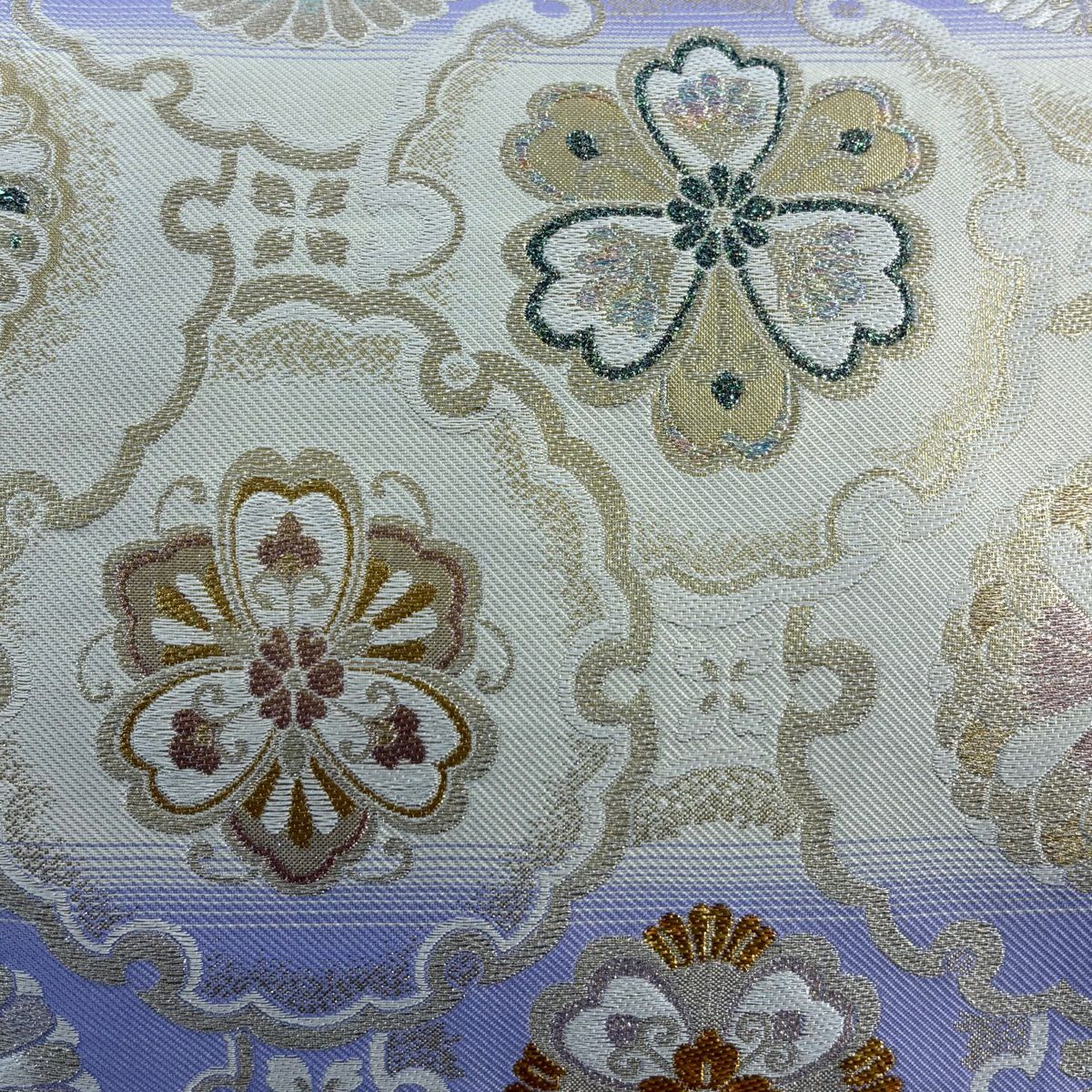 【美品】 袋帶 名品級 華紋 雪輪 金銀糸 金金箔 薄紫 六通 純蠶絲