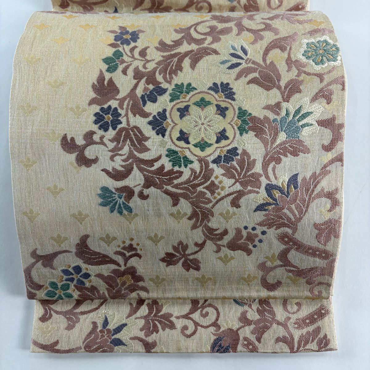 【美品】 袋帶 名品級 華紋 花唐草紋 金銀彩 刺繡 米色 六通 純蠶絲