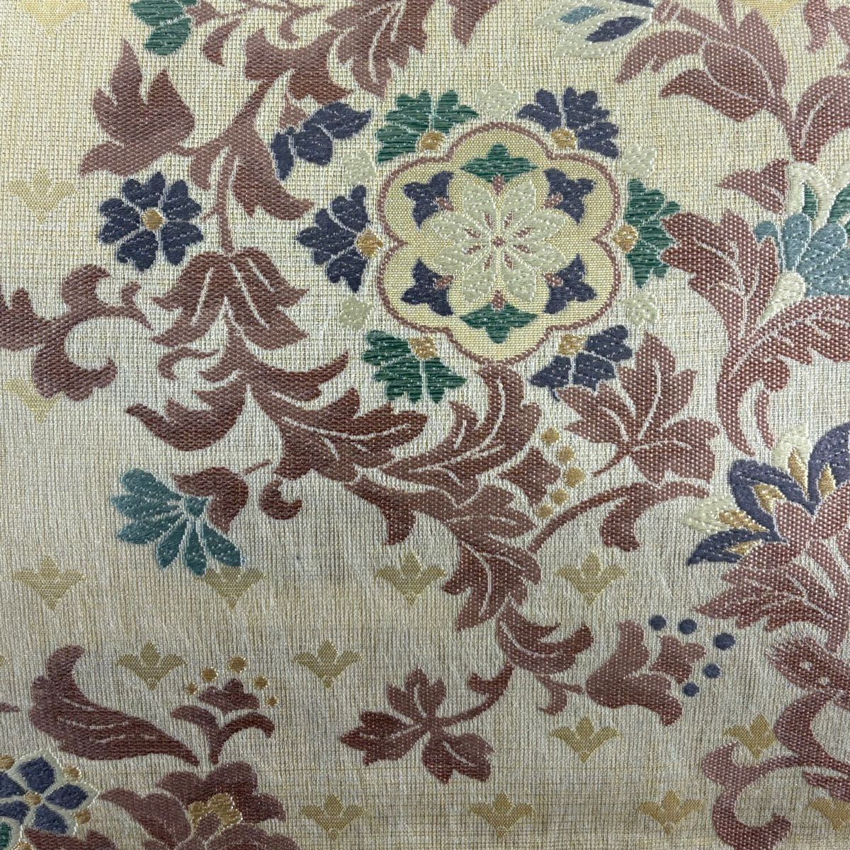【美品】 袋帶 名品級 華紋 花唐草紋 金銀彩 刺繡 米色 六通 純蠶絲