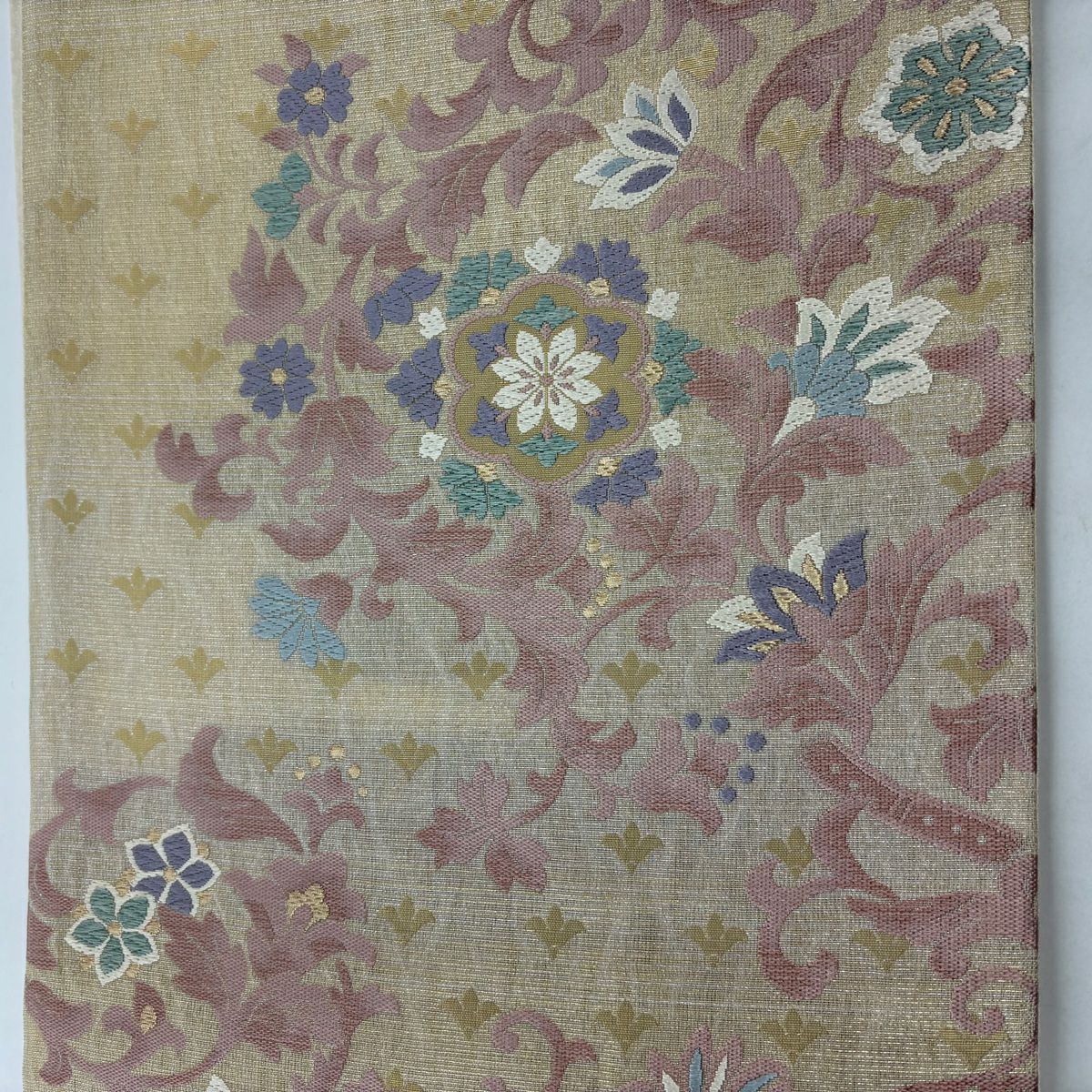 【美品】 袋帶 名品級 華紋 花唐草紋 金銀彩 刺繡 米色 六通 純蠶絲