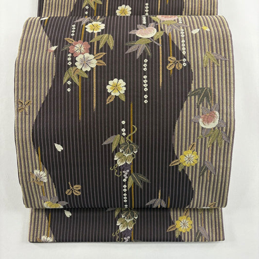 【美品】 袋帶 名品級 大和 櫻花 葡萄 金絲 刺繡 灰紫 六通 純蠶絲
