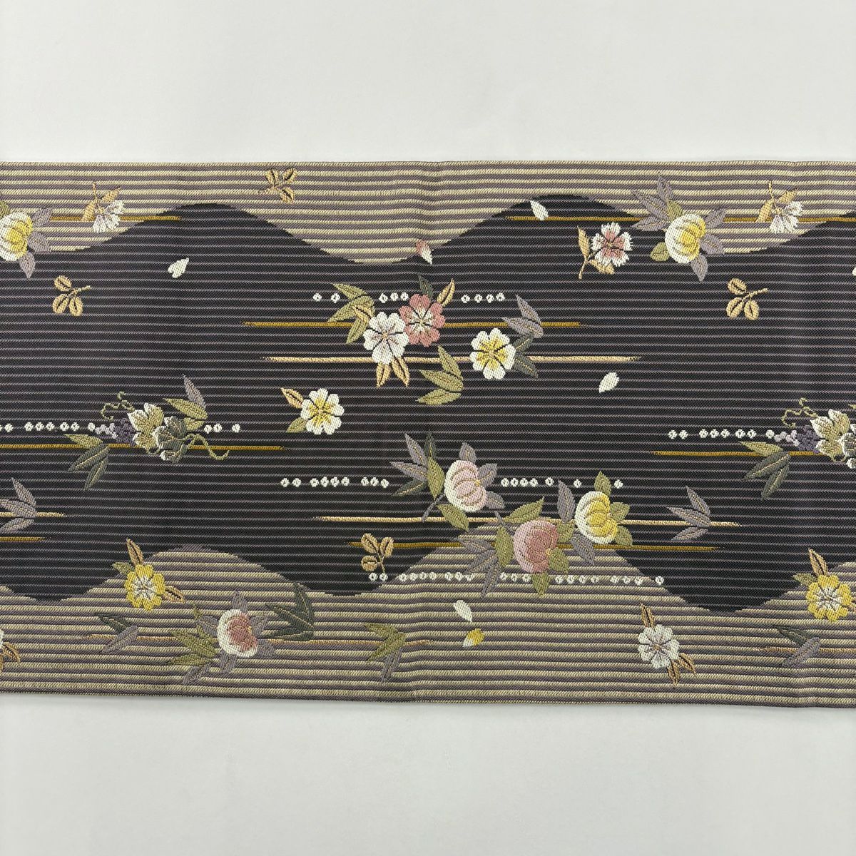 【美品】 袋帶 名品級 大和 櫻花 葡萄 金絲 刺繡 灰紫 六通 純蠶絲