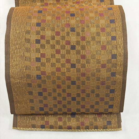【美品】 袋帶 名品級 市松樹 金絲 金金箔 金茶 六通 純蠶絲