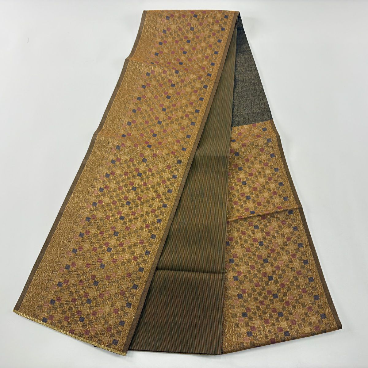 【美品】 袋帶 名品級 市松樹 金絲 金金箔 金茶 六通 純蠶絲