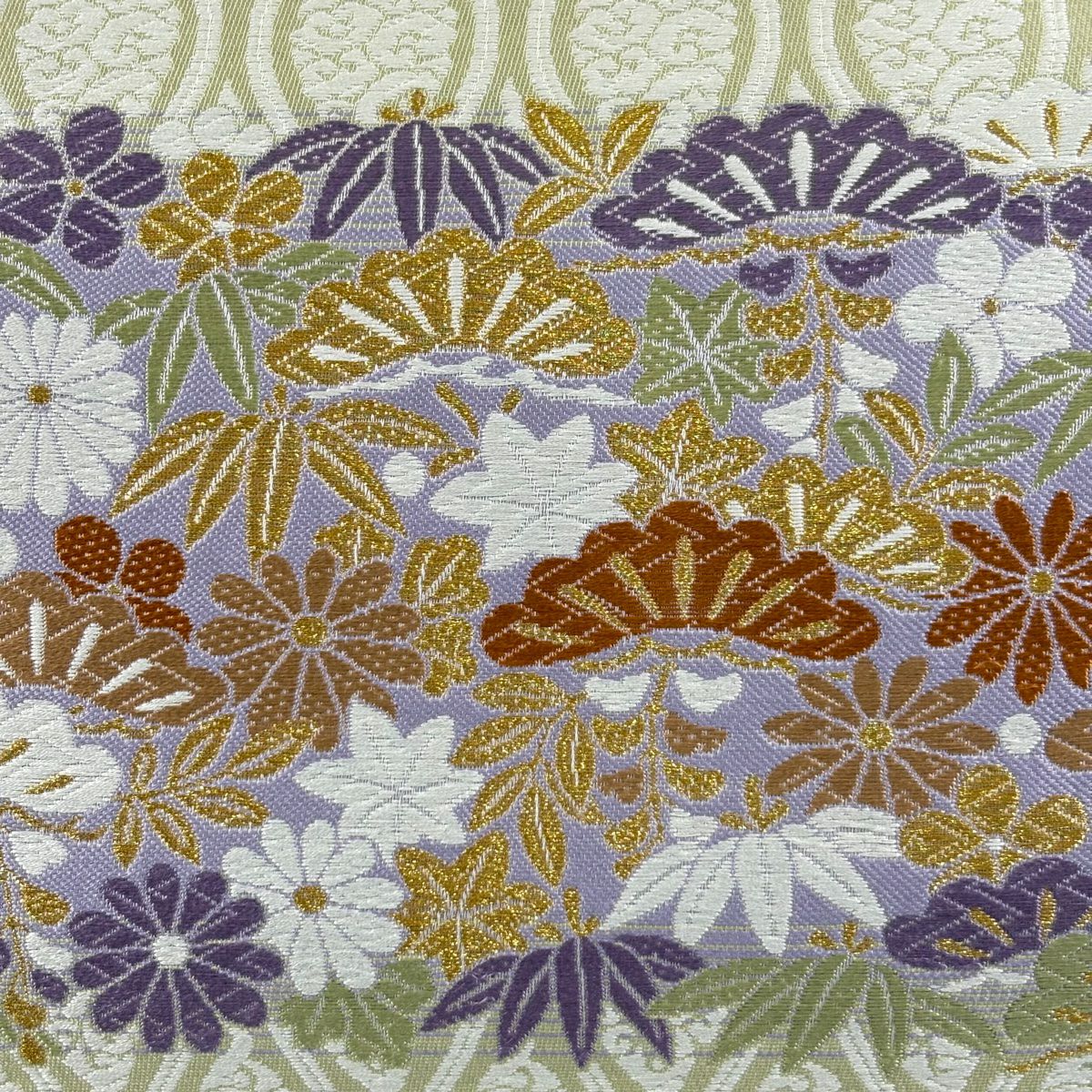 【美品】 袋帶 名品級 松樹竹子梅花 立涌 金絲 唐織 灰白 六通 純蠶絲
