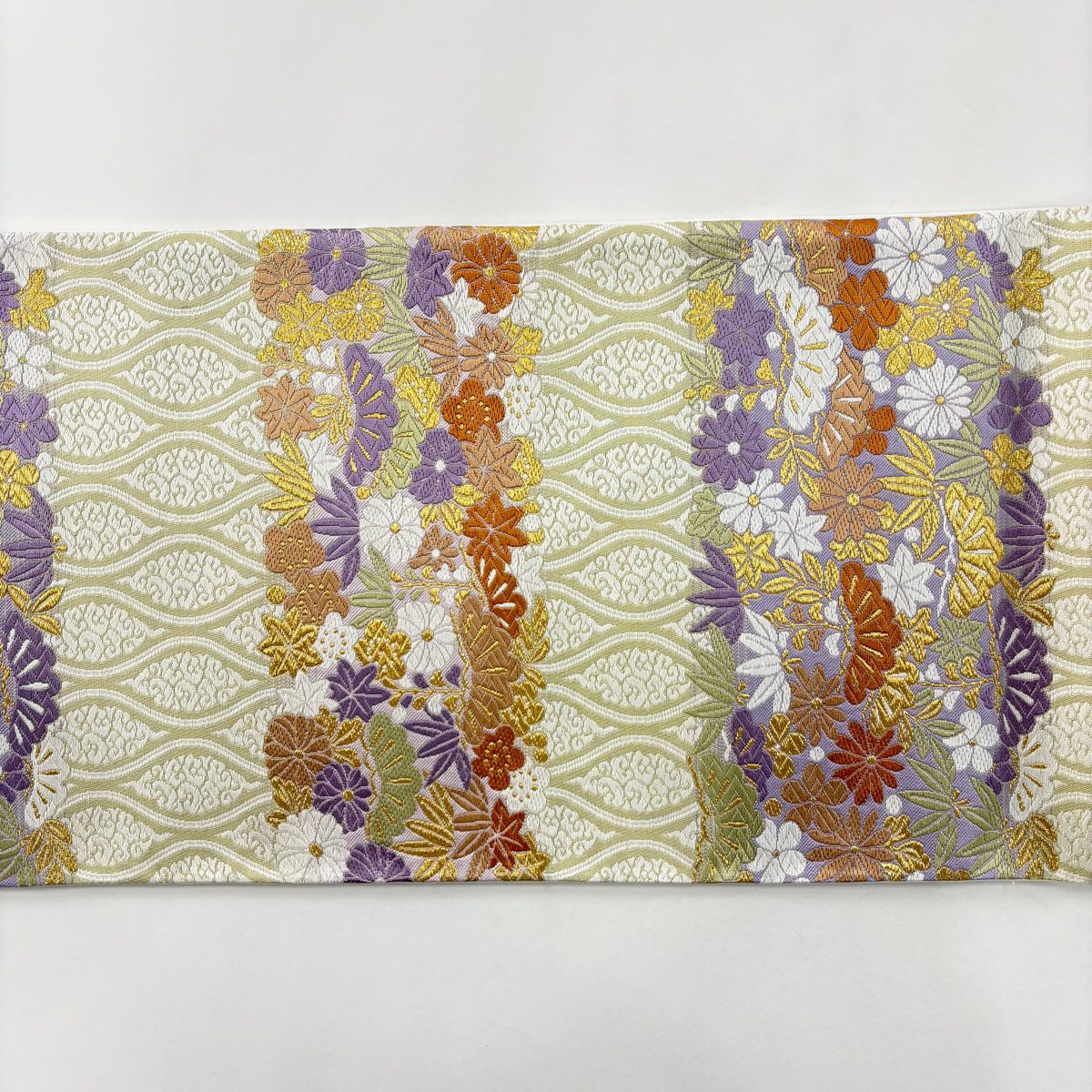 【美品】 袋帶 名品級 松樹竹子梅花 立涌 金絲 唐織 灰白 六通 純蠶絲