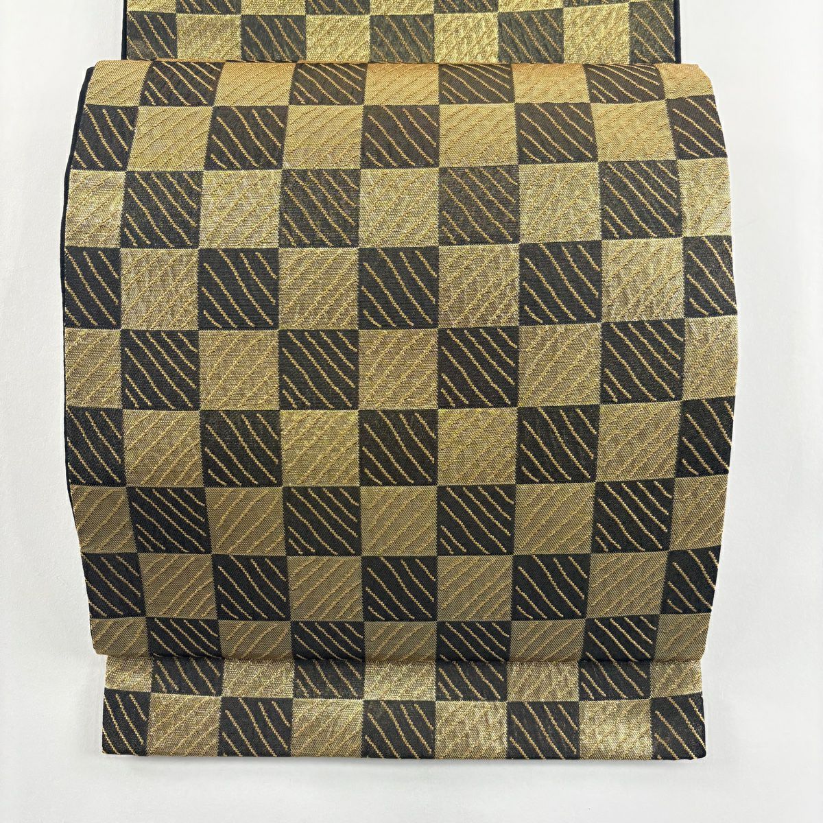 【美品】 袋帶 名品級 市松樹紋 斜紋 金金箔 金色 六通 純蠶絲