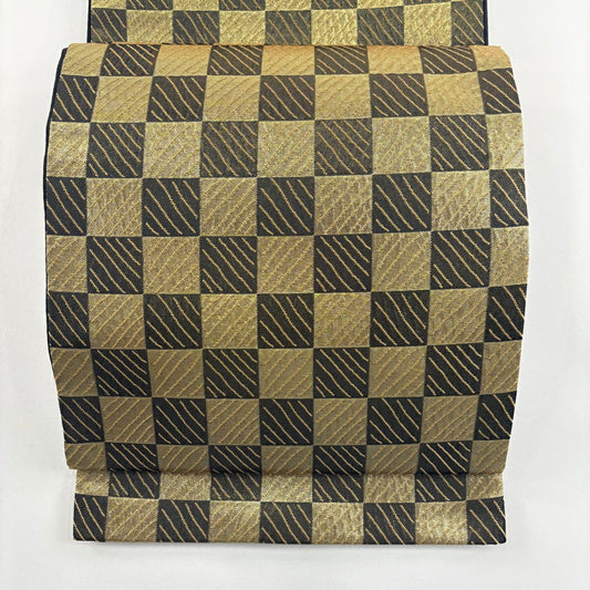 【美品】 袋帶 名品級 市松樹紋 斜紋 金金箔 金色 六通 純蠶絲