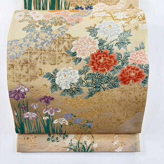 【美品】 袋帶 名品級 じゅらく 落款あり 春秋草花紋圖 金絲 金金箔 米色 六通 純蠶絲