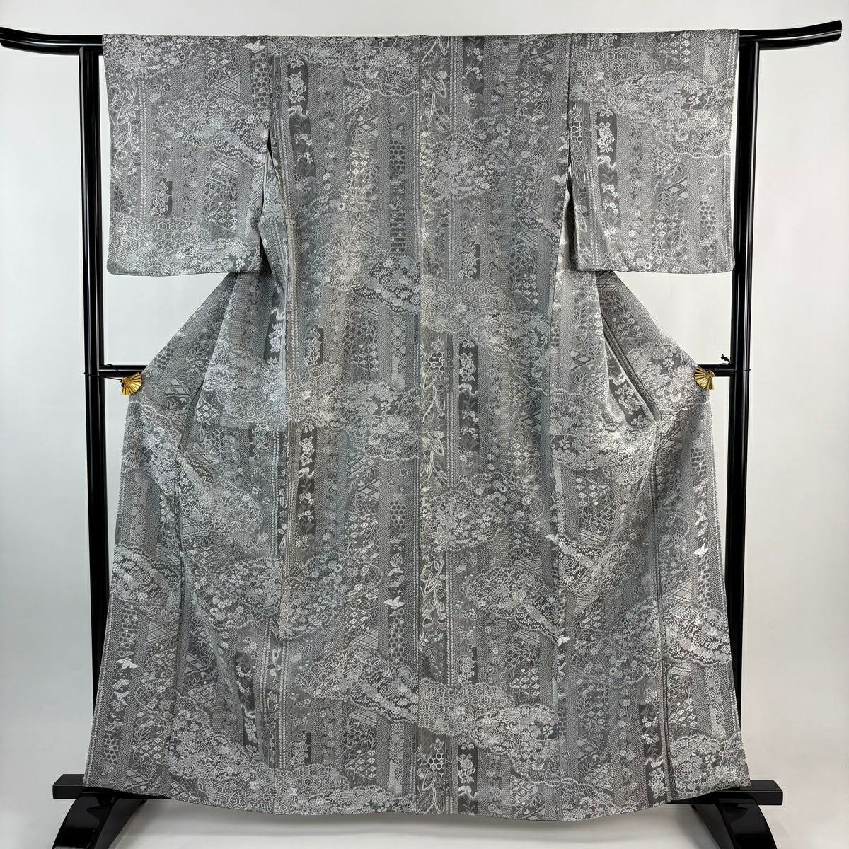 【美品】 小紋 身長161cm 袖長62.5cm S 雙層 雲文 草花紋紋 意匠 灰色 純蠶絲 名品級