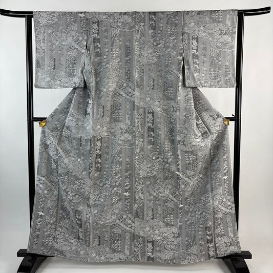 【美品】 小紋 身長161cm 袖長62.5cm S 雙層 雲文 草花紋紋 意匠 灰色 純蠶絲 名品級