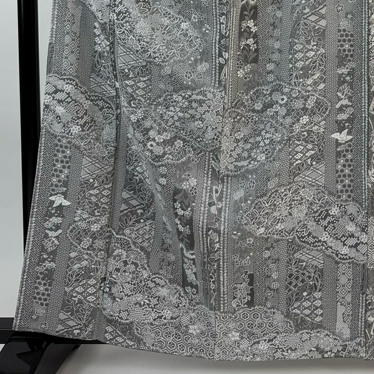 【美品】 小紋 身長161cm 袖長62.5cm S 雙層 雲文 草花紋紋 意匠 灰色 純蠶絲 名品級