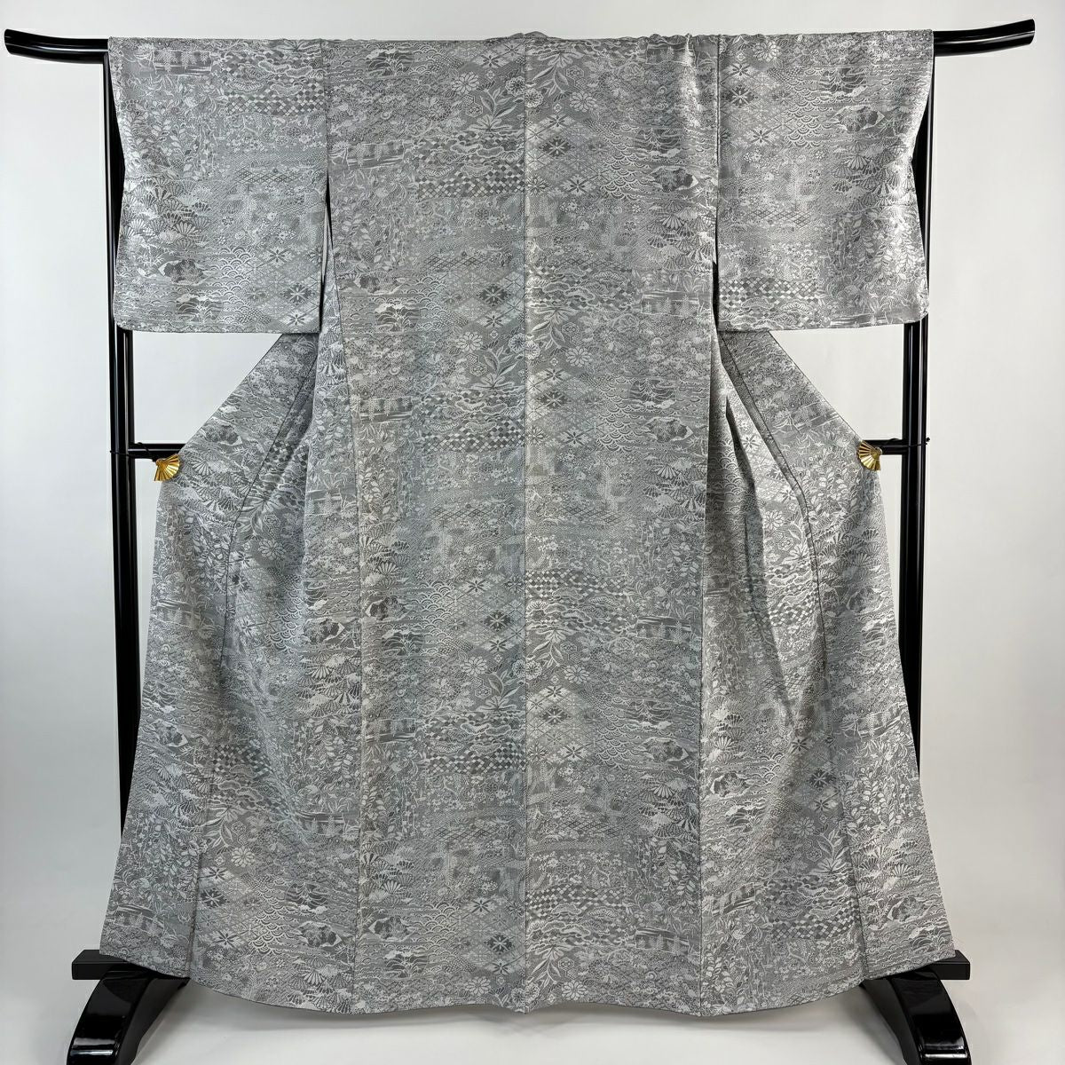 【美品】 小紋 身長162cm 袖長67cm M 雙層 松樹竹子梅花 青海波 紋意匠 灰色 純蠶絲 名品級