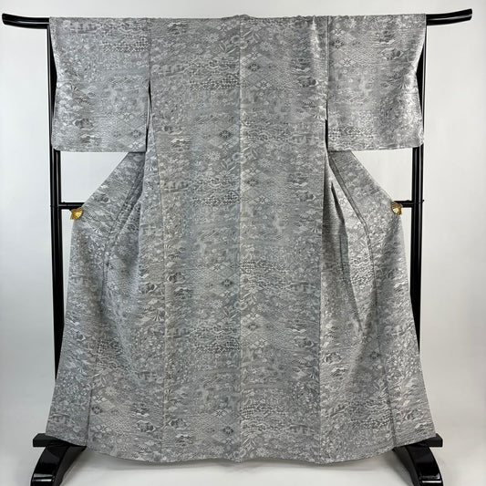 【美品】 小紋 身長162cm 袖長67cm M 雙層 松樹竹子梅花 青海波 紋意匠 灰色 純蠶絲 名品級