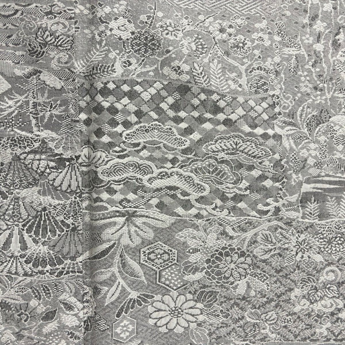 【美品】 小紋 身長162cm 袖長67cm M 雙層 松樹竹子梅花 青海波 紋意匠 灰色 純蠶絲 名品級