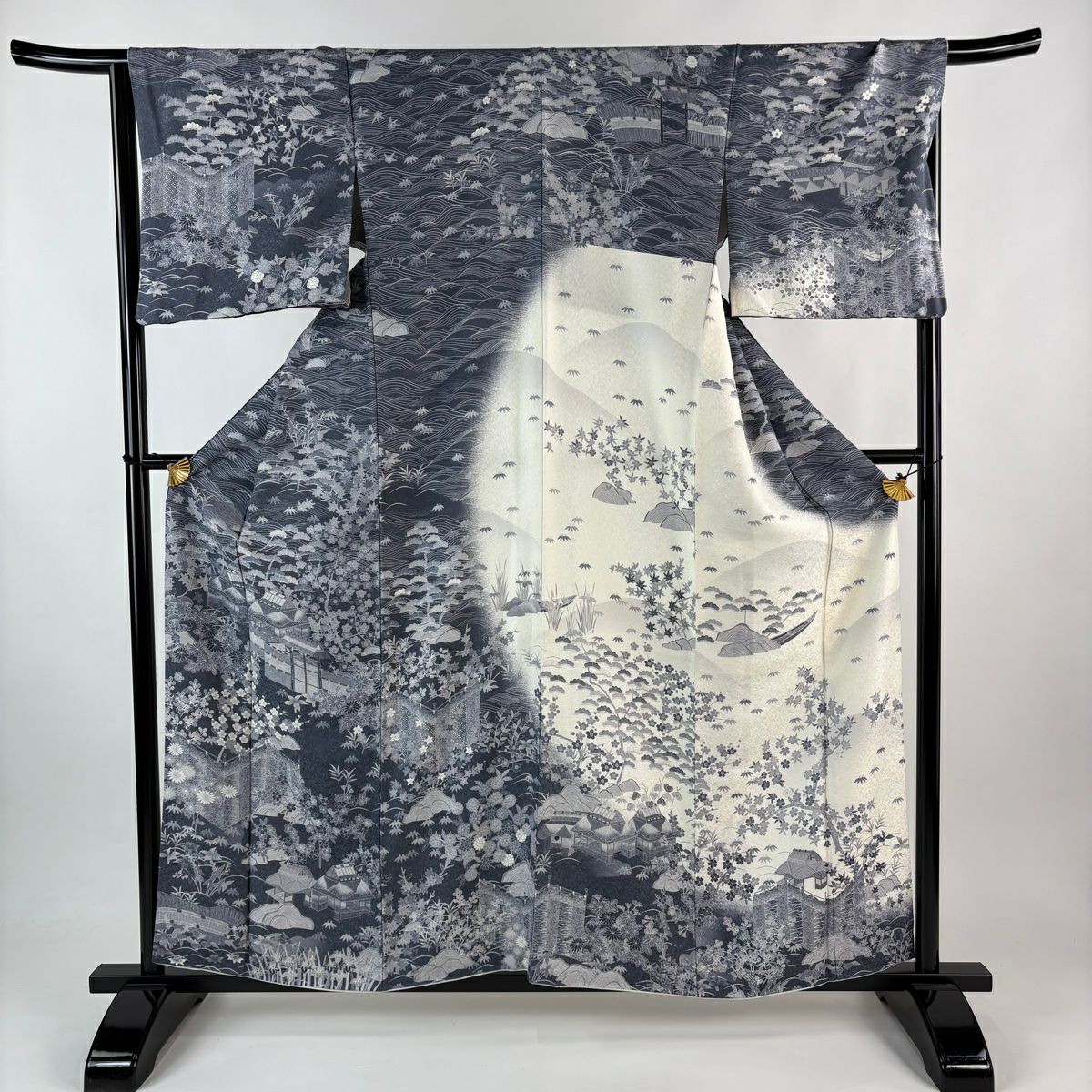 訪問服 身長158cm 袖長67.5cm L 雙層 建物 松樹竹子梅花 金銀彩 灰 純蠶絲 名品級